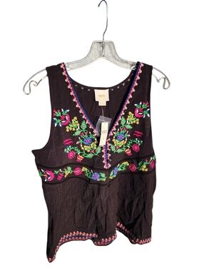 NWT Maeve Carlotta Black Sleeveless V-Neck Top with Bright Floral Embroidery XS